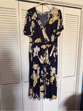 Navy Floral Wrap Dress with Yellow Bloom Print